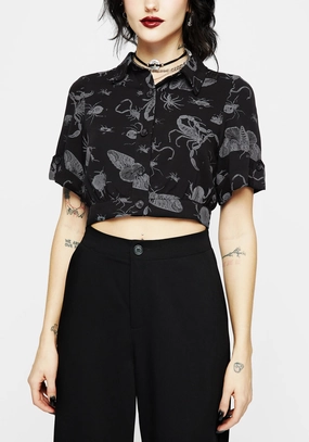 Parasite Bugs Short Sleeve Crop Shirt - Black Tops Womens - women's blouses clearance