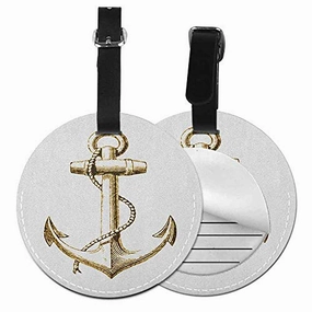 Personality round luggage tag Nautical Fashion match Gold Foil Anchor Image Be Safe and Grounded Voyage Journey Adventure FishermanDiameter3.7" Gold White