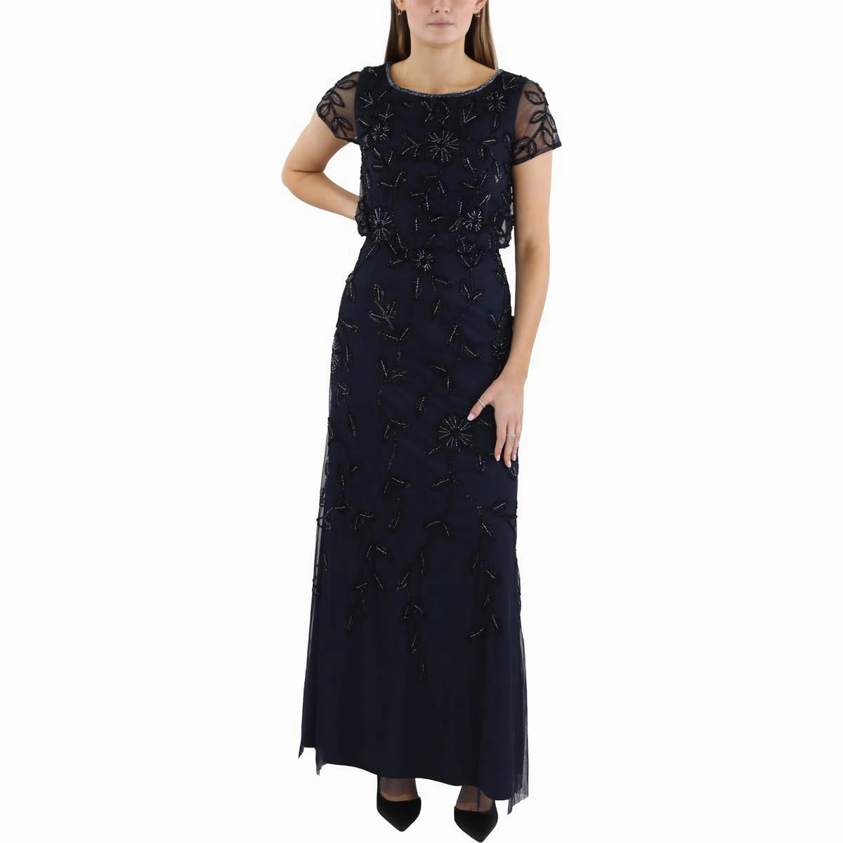 Petites Womens Sequin Beaded Evening Dress