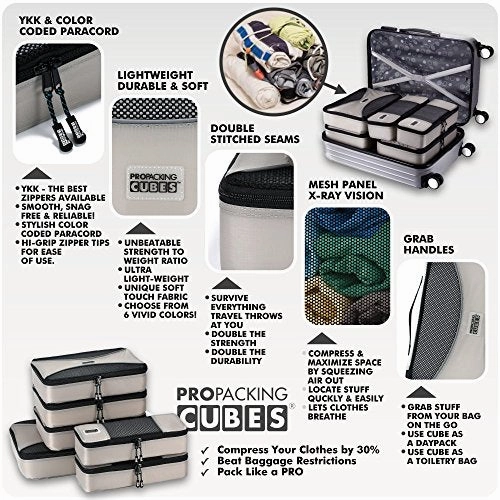 Pro Packing Cubes 6 Piece Lightweight Travel Cube Set of Compression Organizers