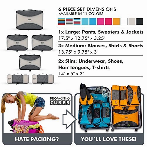 Pro Packing Cubes 6 Piece Lightweight Travel Cube Set of Compression Organizers