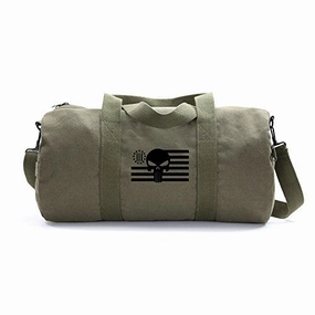 Punisher Skull Three Precenter American Flag Army Sport Heavyweight Canvas Duffel Bag in Olive &