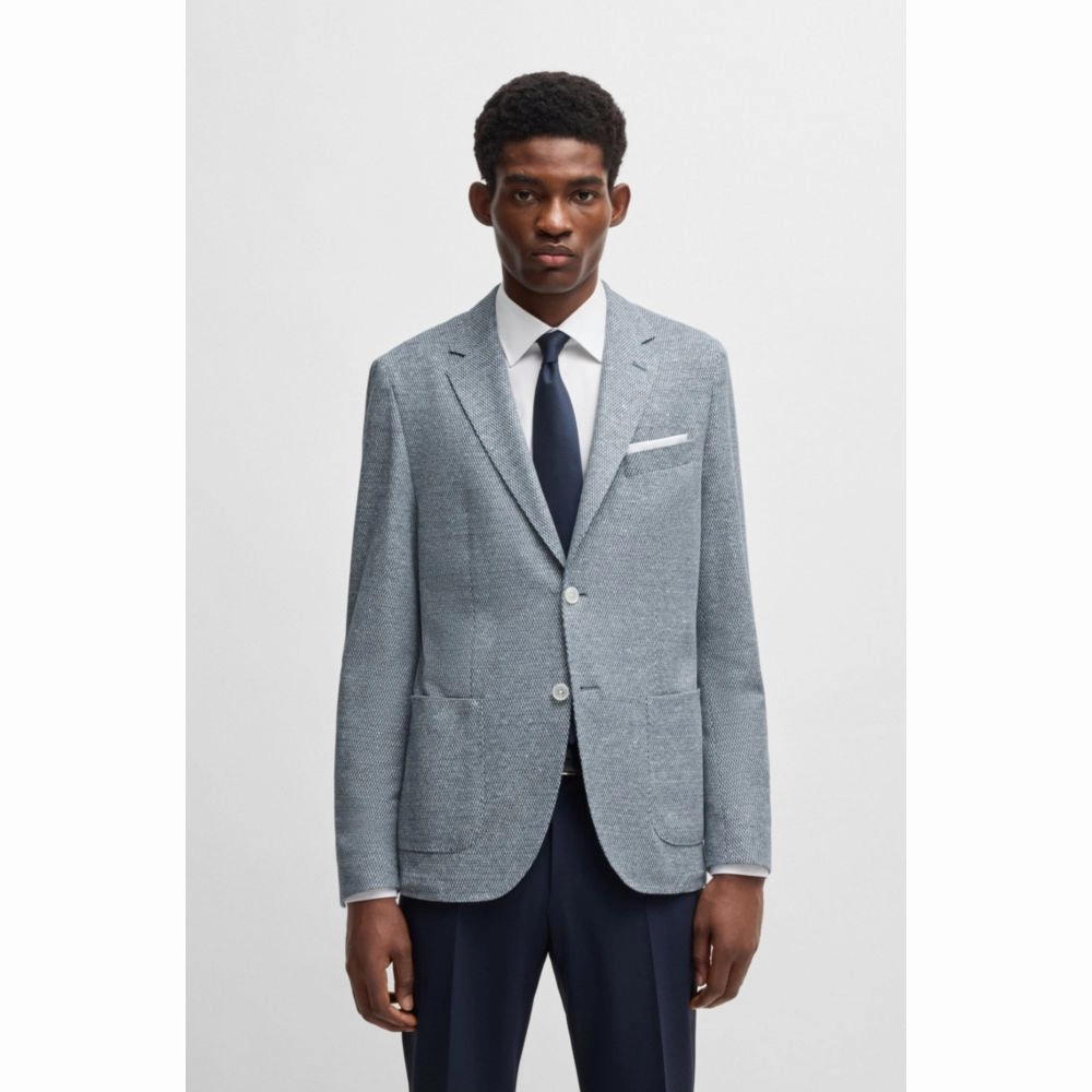 Regular-fit patterned blazer with linen and cotton
