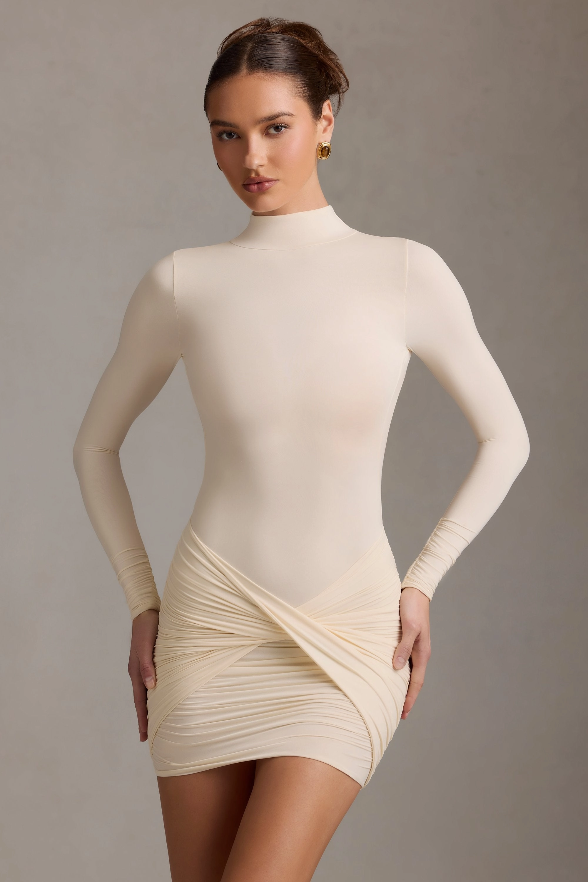 Ruched Backless Turtleneck Mini Dress in Ivory cheap Dresses on sale