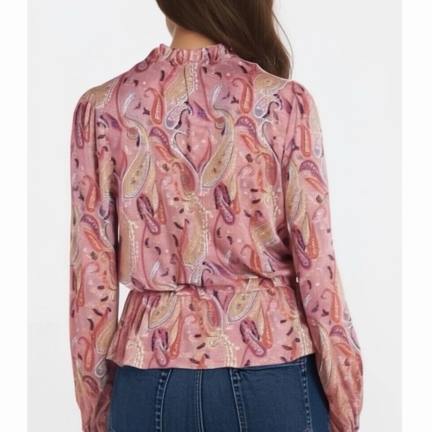 Ruffle Split Neck Blouse In Pink Paisley