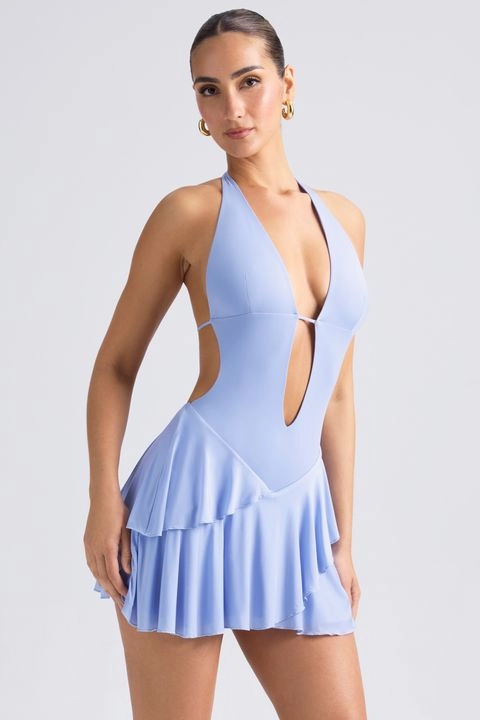 Ruffled Cut-Out Halterneck Mini Dress in Periwinkle Blue Dresses - evening gowns outlet