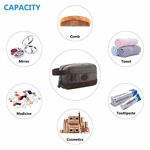 S-Zone Vintage Leather Trim Canvas Toiletry Bag Shaving Dopp Case Cosmetic Makeup Bag