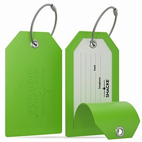 Shacke Luggage Tags With Full Back Privacy Cover W/ Steel Loops - Set Of 2 (Green)
