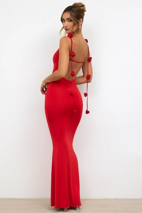 Slinky Jersey Rose Detail Evening Gown in Scarlet Red shop for Dresses online