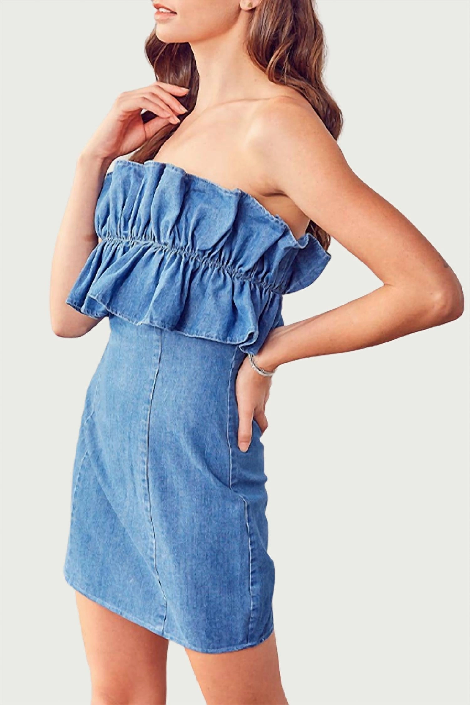 Strapless Ruffled Denim Mini Dress In Blue