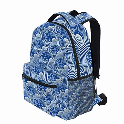 Stylish Vintage Japanese Waves Backpack- Lightweight School College Travel Bags, ChunBB 16" x 11.5" x 8"