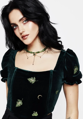 Swamplife Frog Embroidered Velour Puff Sleeve Corset Top Tops Womens - women's blouses clearance