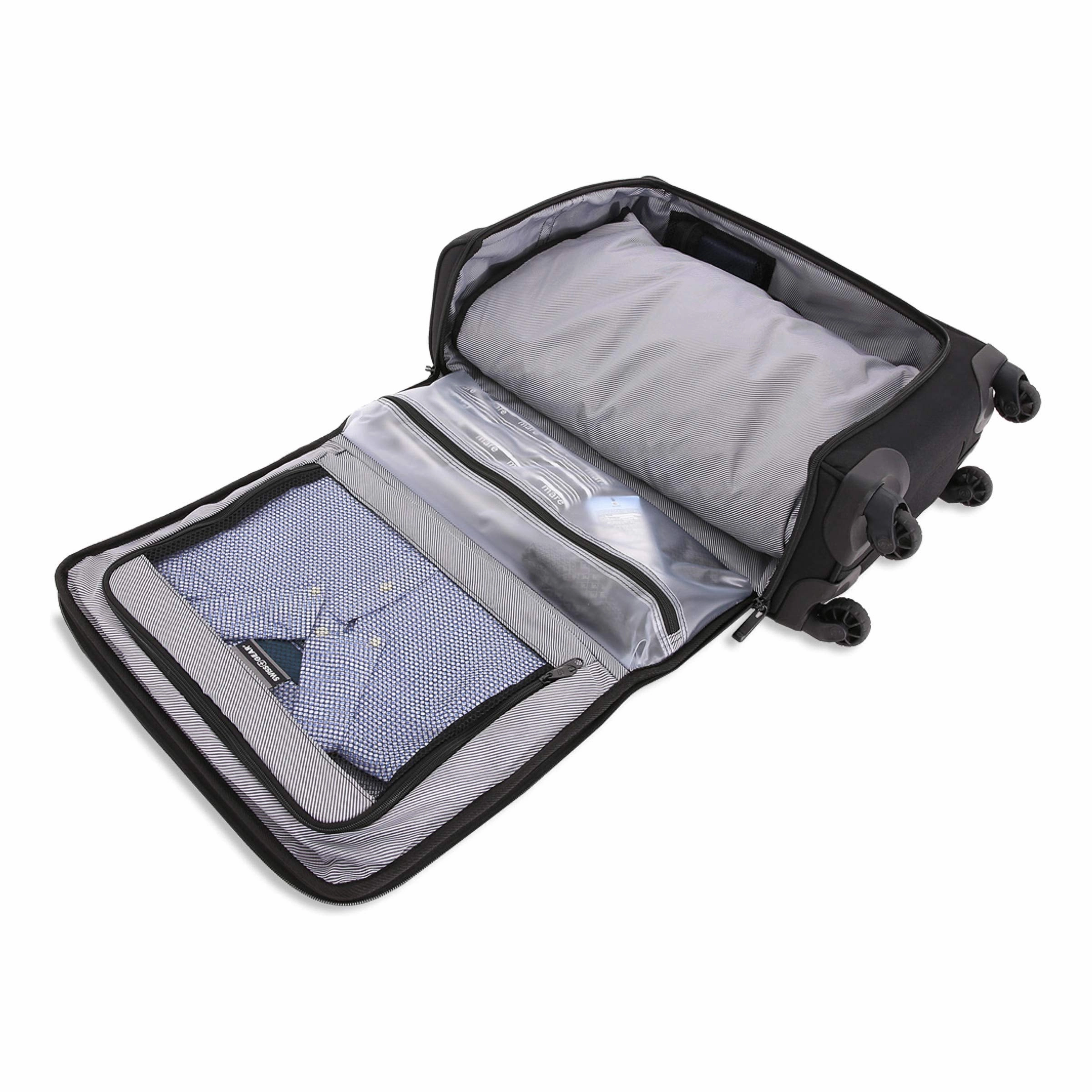 SWISSGEAR Getaway Expandable Carry-On USB Spinner with Garment Bag | Built-in Powerbank-Ready USB Port | Charge-Capable Smart Luggage - Men's and Women's - Black