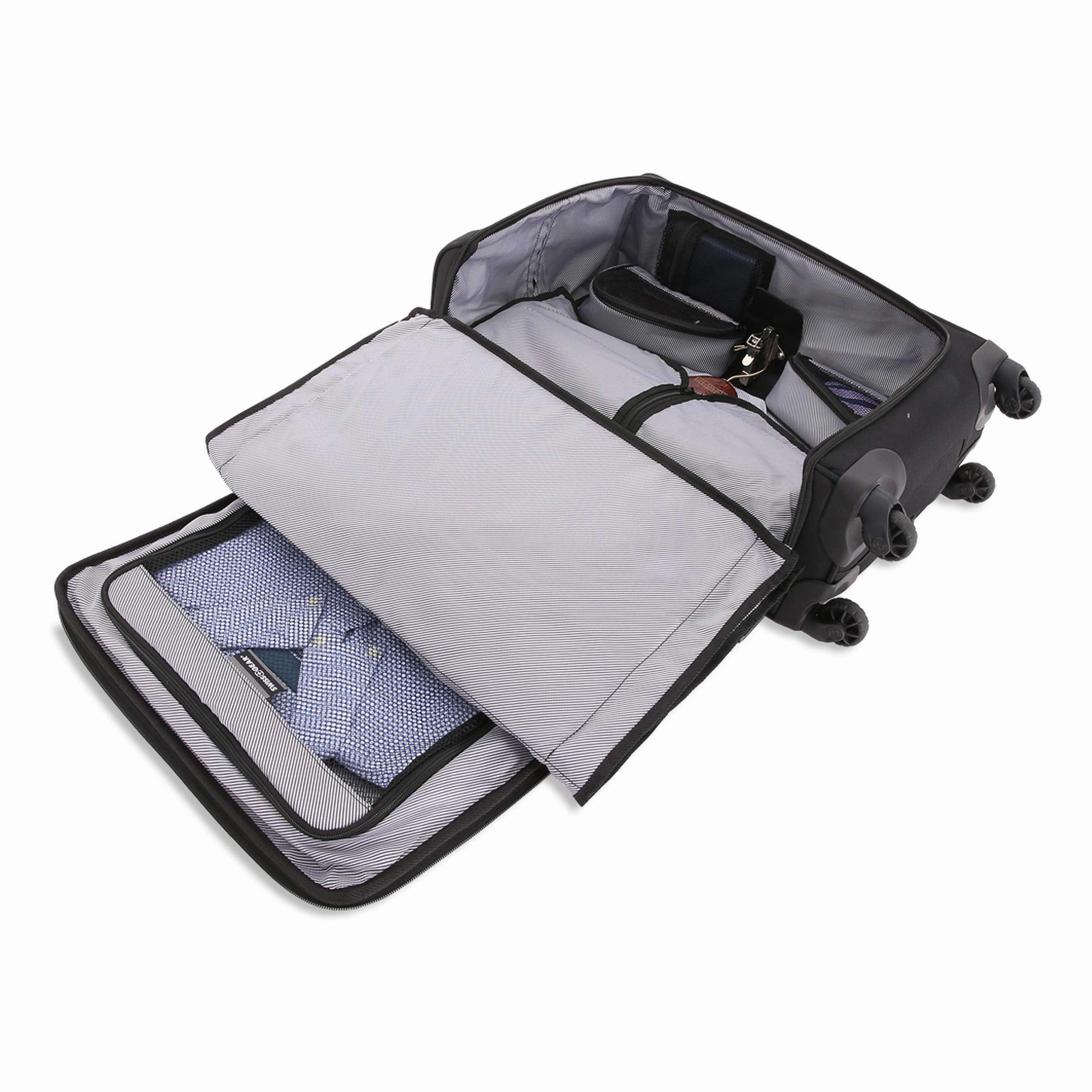 SWISSGEAR Getaway Expandable Carry-On USB Spinner with Garment Bag | Built-in Powerbank-Ready USB Port | Charge-Capable Smart Luggage - Men's and Women's - Black