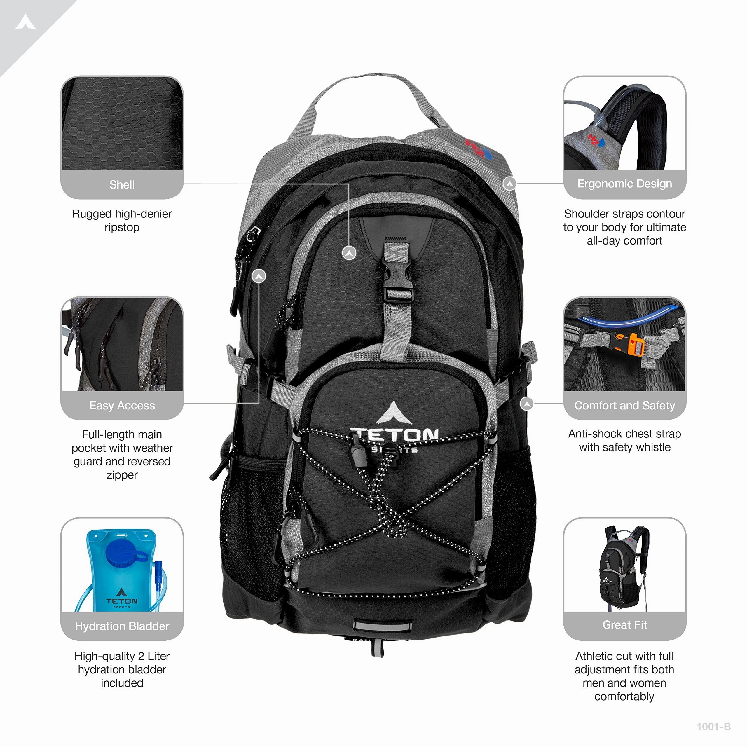 TETON Sports Oasis 1100 Hydration Pack; Free 2-Liter Hydration Bladder; For Backpacking, Hiking, Running, Cycling, and Climbing; Black