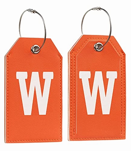Toughergun Initial Letter Luggage Tag Leather with Full Privacy Cover and Travel Bag Tag Orange 1 pcs Set (W)