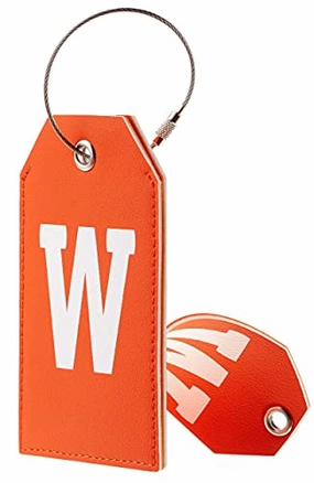 Toughergun Initial Letter Luggage Tag Leather with Full Privacy Cover and Travel Bag Tag Orange 1 pcs Set (W)