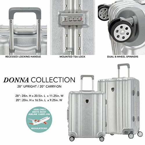 TPRC 2 Piece "Donna Collection" Surdy Aluminum Frame, WIDE-BODY, Color-Coordinated Accented Luggage with Dual TSA Locks Includes 28" Suitcase and 20" Carry-On Luggage, Silver Color Option