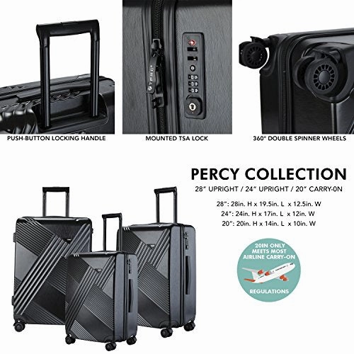 TPRC 3 Piece "Percy Collection" Premium 8-Wheel Luggage Set with TSA Lock System Includes 28" Suitcase, 24" Upright, and 20" Carry-On, Black Color Option