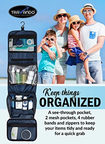 TRAVANDO Hanging Toiletry Bag"FLEXI"   7 TSA Approved Liquid Bottles - Travel Set for Men and Women - Toilet Kit for Cosmetics, Makeup - Organiser for Suitcase - Wash Bag with Containers
