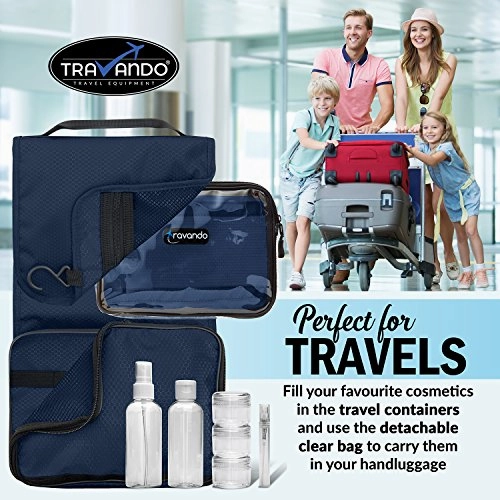 TRAVANDO Hanging Toiletry Bag"FLEXI"   7 TSA Approved Liquid Bottles - Travel Set for Men and Women - Toilet Kit for Cosmetics, Makeup - Organiser for Suitcase - Wash Bag with Containers