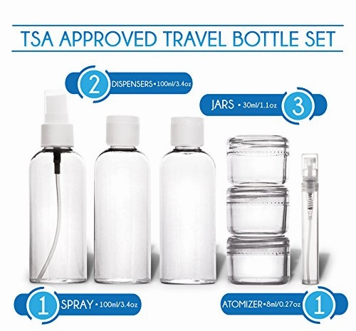TRAVANDO Hanging Toiletry Bag"FLEXI"   7 TSA Approved Liquid Bottles - Travel Set for Men and Women - Toilet Kit for Cosmetics, Makeup - Organiser for Suitcase - Wash Bag with Containers