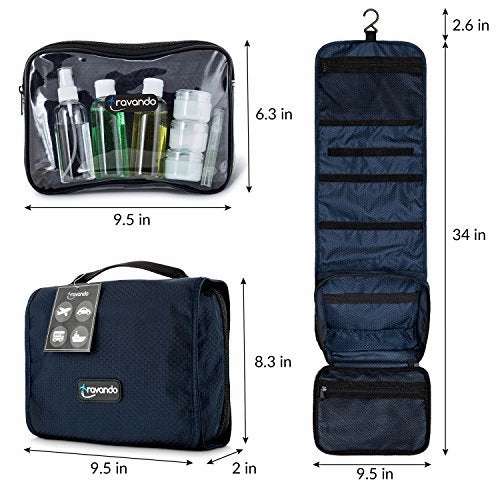 TRAVANDO Hanging Toiletry Bag"FLEXI"   7 TSA Approved Liquid Bottles - Travel Set for Men and Women - Toilet Kit for Cosmetics, Makeup - Organiser for Suitcase - Wash Bag with Containers