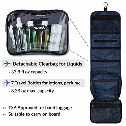 TRAVANDO Hanging Toiletry Bag"FLEXI"   7 TSA Approved Liquid Bottles - Travel Set for Men and Women - Toilet Kit for Cosmetics, Makeup - Organiser for Suitcase - Wash Bag with Containers