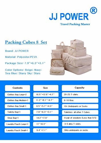 Travel Packing Cubes Set Toiletry Kits Bonus Shoe Bag JJ POWER Luggage Organizers (Beige)