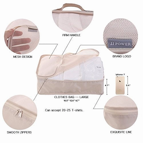 Travel Packing Cubes Set Toiletry Kits Bonus Shoe Bag JJ POWER Luggage Organizers (Beige)