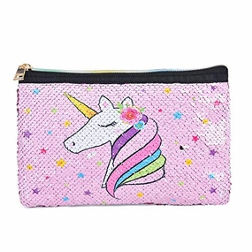 Unicorn Makeup Bag - Reversible Sequin Cosmetic Bag Sparkly Pink Zipper VanityToiletry Bag Pouch Purse for Girls Women Travel Birthday Christmas Gift