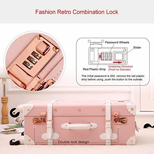 UNIWALKER Vintage Suitcase Set 20 inch Carry on Spinner Luggage with 12 inch Handbag for Women (Embossed Pink)
