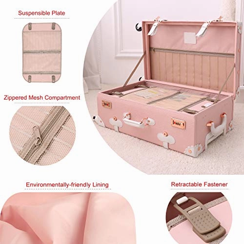 UNIWALKER Vintage Suitcase Set 20 inch Carry on Spinner Luggage with 12 inch Handbag for Women (Embossed Pink)