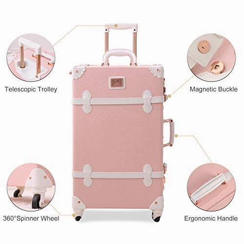UNIWALKER Vintage Suitcase Set 20 inch Carry on Spinner Luggage with 12 inch Handbag for Women (Embossed Pink)