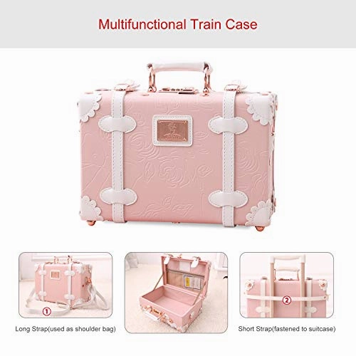 UNIWALKER Vintage Suitcase Set 20 inch Carry on Spinner Luggage with 12 inch Handbag for Women (Embossed Pink)