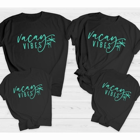 Vacay Vibes Matching Summer T-Shirts Black/Teal Holiday Collection - holiday outfits clearance