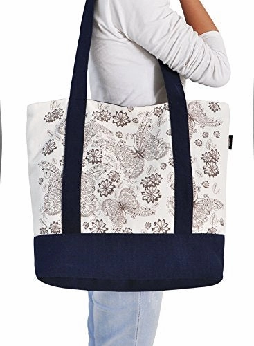Vietsbay'S Women Floral Vintage Patternprint Heavyweight White Canvas Handbags