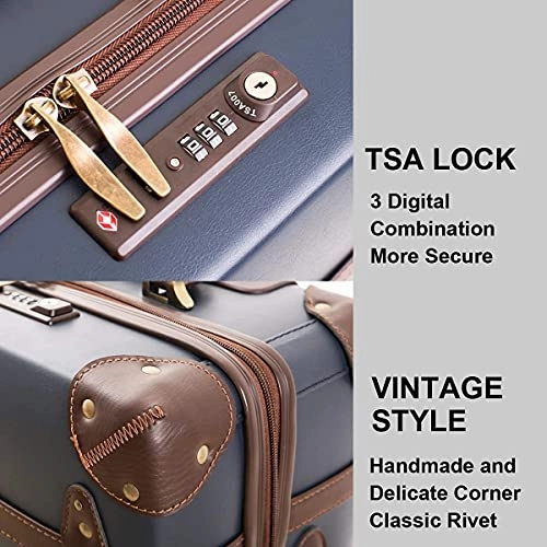 Vintage Luggage Carryon Suitcase Travel - HoJax Classic Trolley Luggage with Spinner Wheels, TSA Lock, Lightweight, 20 inch, Navy Blue