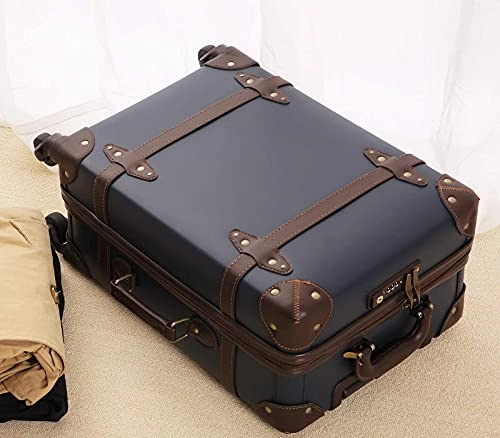 Vintage Luggage Carryon Suitcase Travel - HoJax Classic Trolley Luggage with Spinner Wheels, TSA Lock, Lightweight, 20 inch, Navy Blue