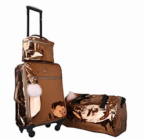 Vue Metallic Lightweight Spinner Carry on Luggage 3pc Carry on Set w/ 22" Luggage, Duffel Bag & Cosmetic Bag (Rose Gold)