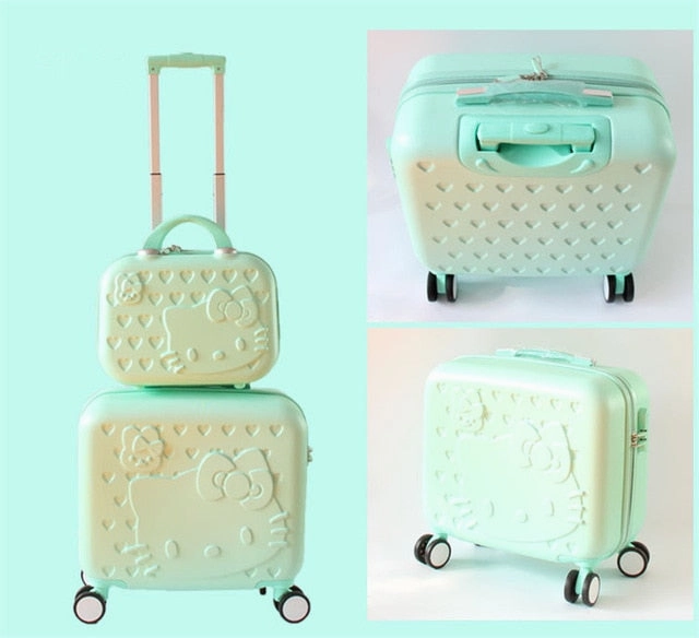 Women Carry-On KT Luggage Set/Girls Hello Kitty Travel Suitcase Cosmetic Bag 2Pcs/Set/14'' 17'' ABS