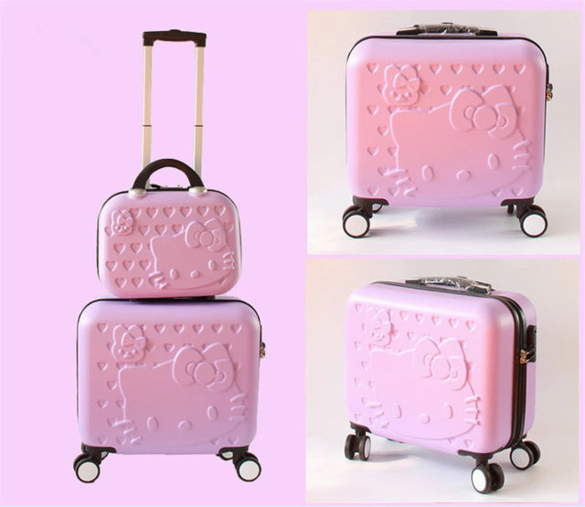 Women Carry-On KT Luggage Set/Girls Hello Kitty Travel Suitcase Cosmetic Bag 2Pcs/Set/14'' 17'' ABS