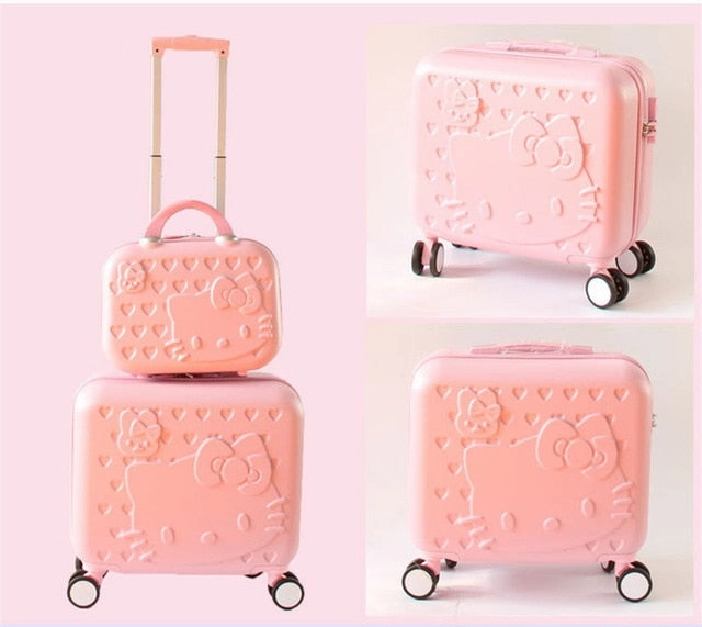 Women Carry-On KT Luggage Set/Girls Hello Kitty Travel Suitcase Cosmetic Bag 2Pcs/Set/14'' 17'' ABS