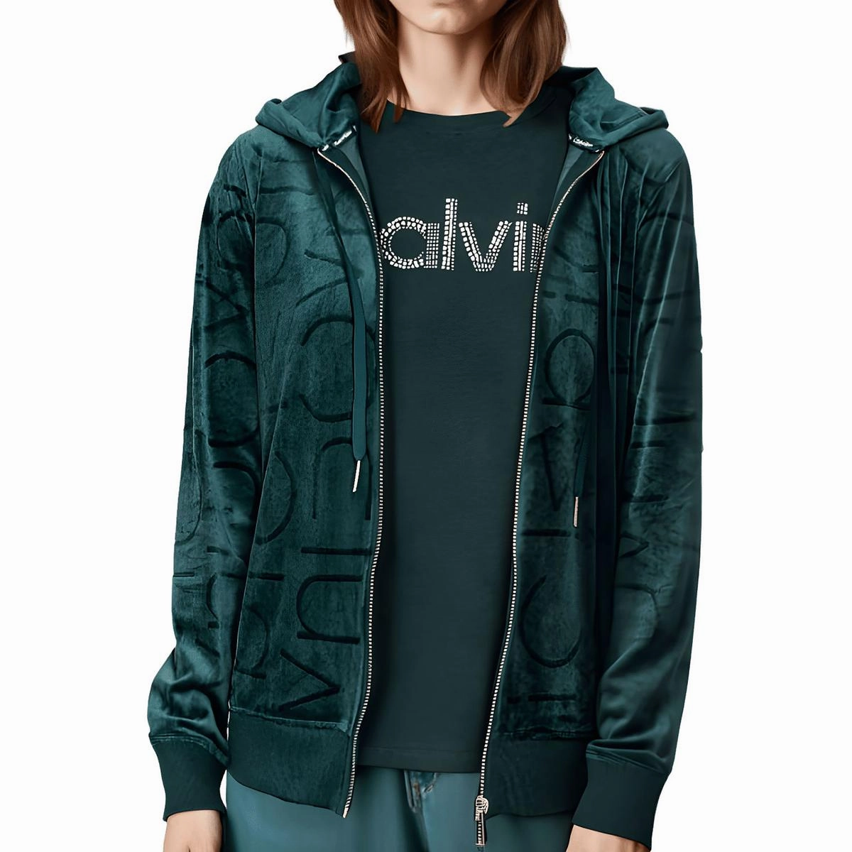 Womens Logo Velvet Zip Hoodie