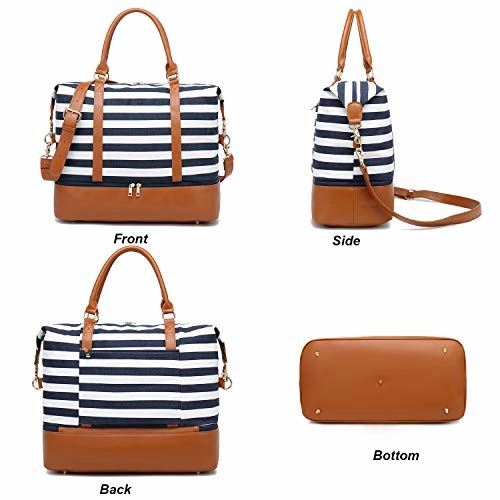 Womens Travel Weekend Bag Canvas Overnight Carry on Shoulder Duffel Beach Tote Bag (Blue stripe with shoe compartment)