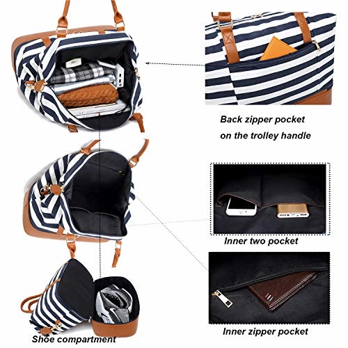 Womens Travel Weekend Bag Canvas Overnight Carry on Shoulder Duffel Beach Tote Bag (Blue stripe with shoe compartment)