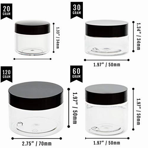 ZEJIA 20 Pack 2oz jars with lids Plastic Round Clear Leak-Proof Container with Black Lid Inner Liner and Labels for Cosmetic, Powders, Beads Jewelry, LiquidsBlack