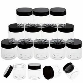 ZEJIA 20 Pack 2oz jars with lids Plastic Round Clear Leak-Proof Container with Black Lid Inner Liner and Labels for Cosmetic, Powders, Beads Jewelry, LiquidsBlack