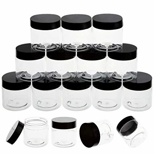 ZEJIA 20 Pack 2oz jars with lids Plastic Round Clear Leak-Proof Container with Black Lid Inner Liner and Labels for Cosmetic, Powders, Beads Jewelry, LiquidsBlack
