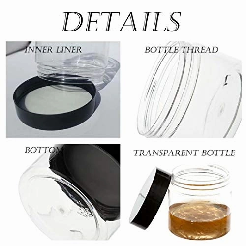 ZEJIA 20 Pack 2oz jars with lids Plastic Round Clear Leak-Proof Container with Black Lid Inner Liner and Labels for Cosmetic, Powders, Beads Jewelry, LiquidsBlack
